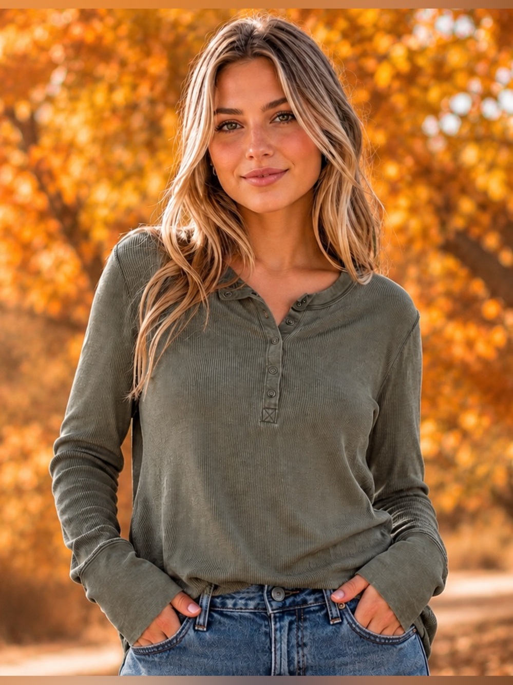 Aerie Waffle Knit Long Sleeve olive green Henley XL